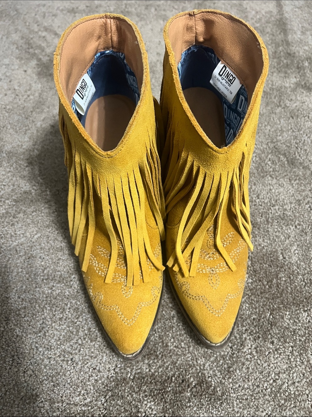 dingo mustard Suede Fringe Ankle Bootie 7